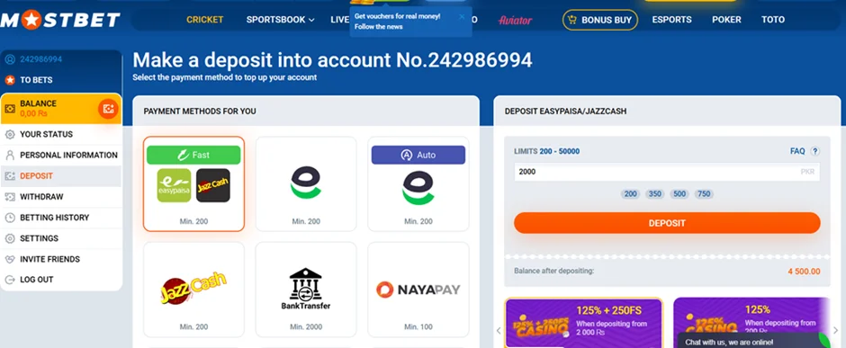Mostbet payment methods